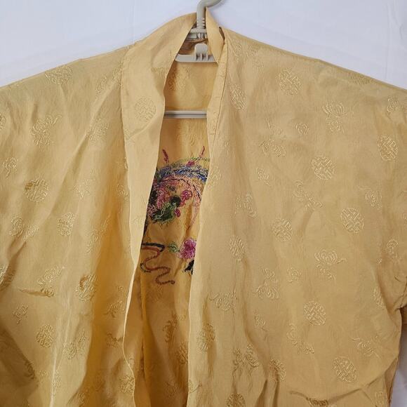 Vintage Golden Bee Chinese Yellow Embroidered Floral Satin Rayon Robe Kimono - Picture 5 of 11